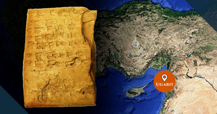 Cartina con Ugarit e tavoletta ugaritica sovraimpressa