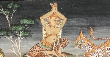 yogin seduto Sukhasana gambe incrociate mani sopra la testa animali natura India