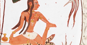 Dipinto su manoscritto di Ragamala India, XVII sec.): yogi seduto su pelle di tigre in posizione complicata