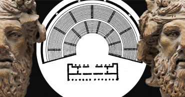 Volto di Dioniso con pianta di teatro greco