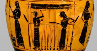 Donne al telaio su dipinto greco su vaso