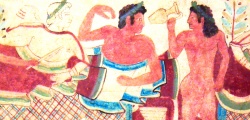 affresco in tomba etrusca con banchetto