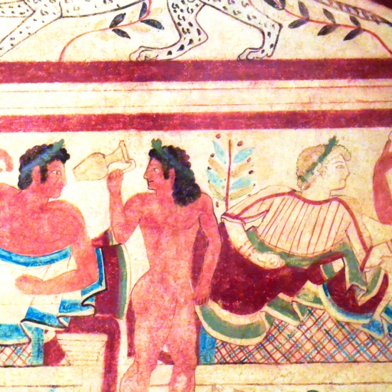 affresco in tomba etrusca con banchetto