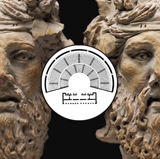 Volto di Dioniso con pianta di teatro greco
