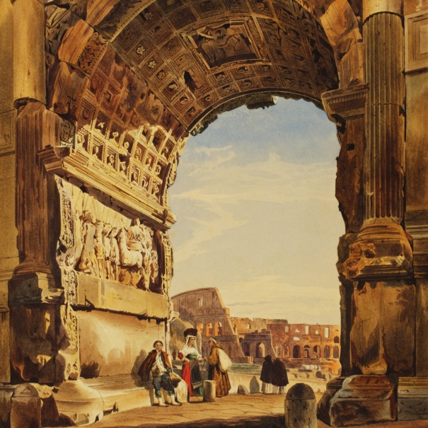 Acquerello del 1800 con rovine romane, arco di Tito e Colosseo
