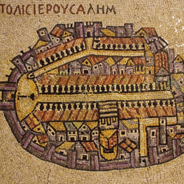 Mosaico con antica mappa di Gerusalemme
