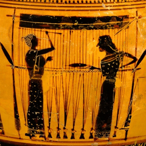 Donne al telaio su dipinto greco su vaso
