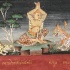 yogin seduto Sukhasana gambe incrociate mani sopra la testa animali natura India
